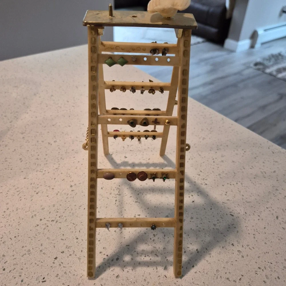 Vintage Ladder Earring Stand Organizer Cream with Bird Dove Retro Stud Holder